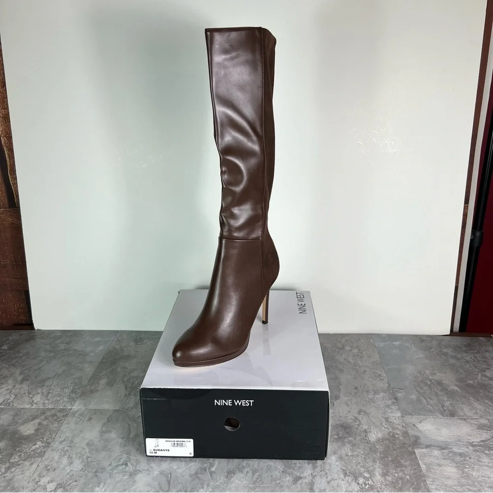 Nine West Brown Two-Tone Knee High Leather & Suede Stiletto Boots - Picture 12 of 12
